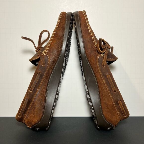 Mens MINNETONKA Classic Brown Made in USA Leather Slip On Moccasins / Size 8 - Picture 6 of 8